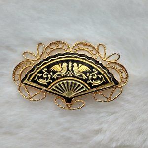 Damascene Black & Gold Bird Fan Brooch Pin